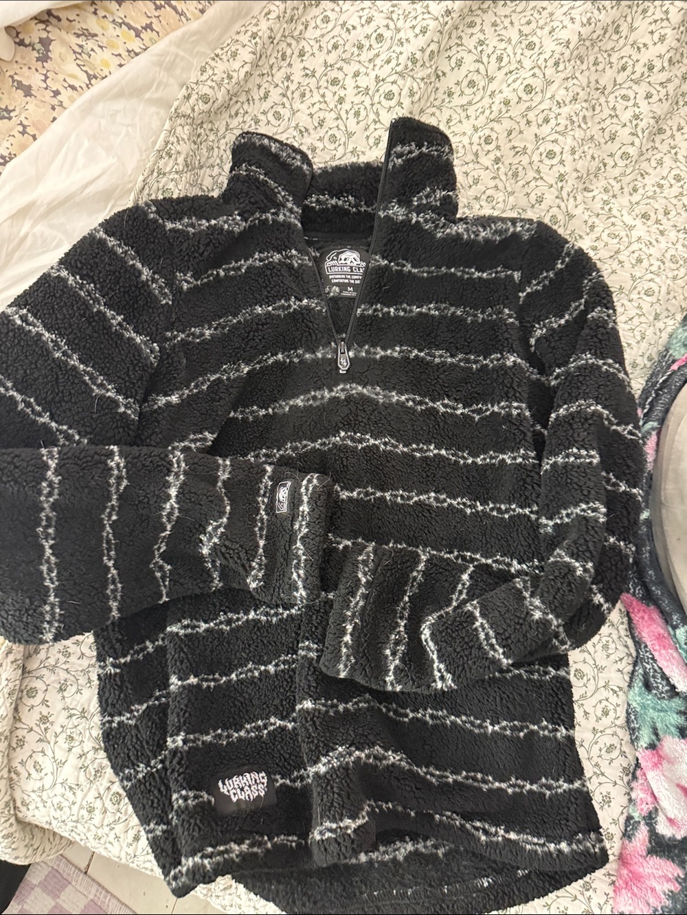 Lurking Class Fleece Jacket Barbed Wire 1/4 Zip Pullover Skate Streetwear Black